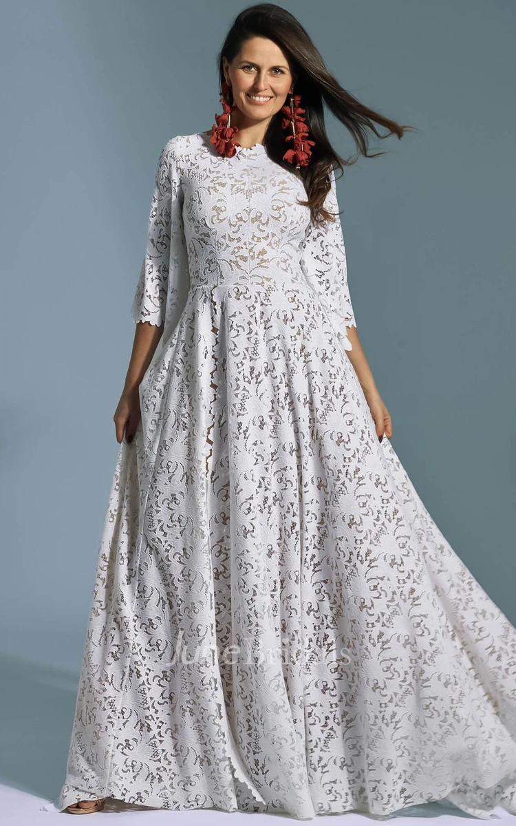 Lace Jewel NeckLine Romantic A-Line Wedding Dress With Zipper Back And Split Front