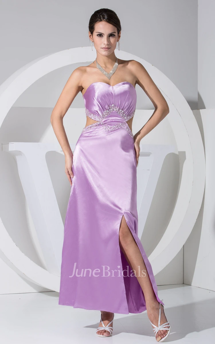 Strapless Front-Split Ankle-Length Dress With Beading and Keyhole