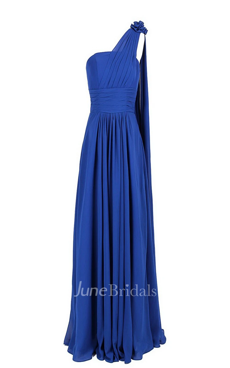 One-shoulder Chiffon Gown With Flower and Pleats