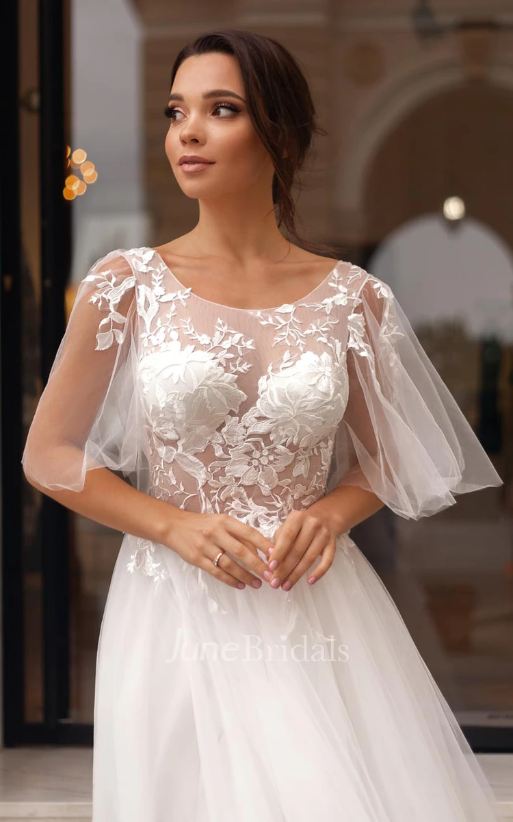 Casual Tulle and Lace Bateau A Line Sweep Train Wedding Dress with Appliques