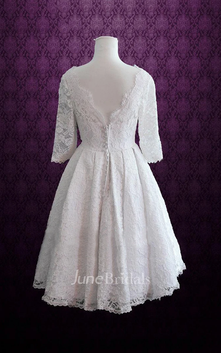 Tea Length Scoop Neck And 3 4 Length Sleeve Dress With Beading And Pleats