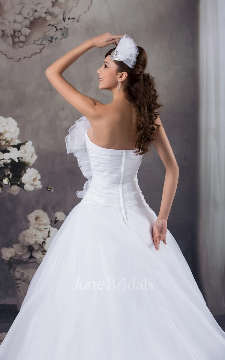 Strapless Ruched Pick-Up Gown with Flower and Ribbon