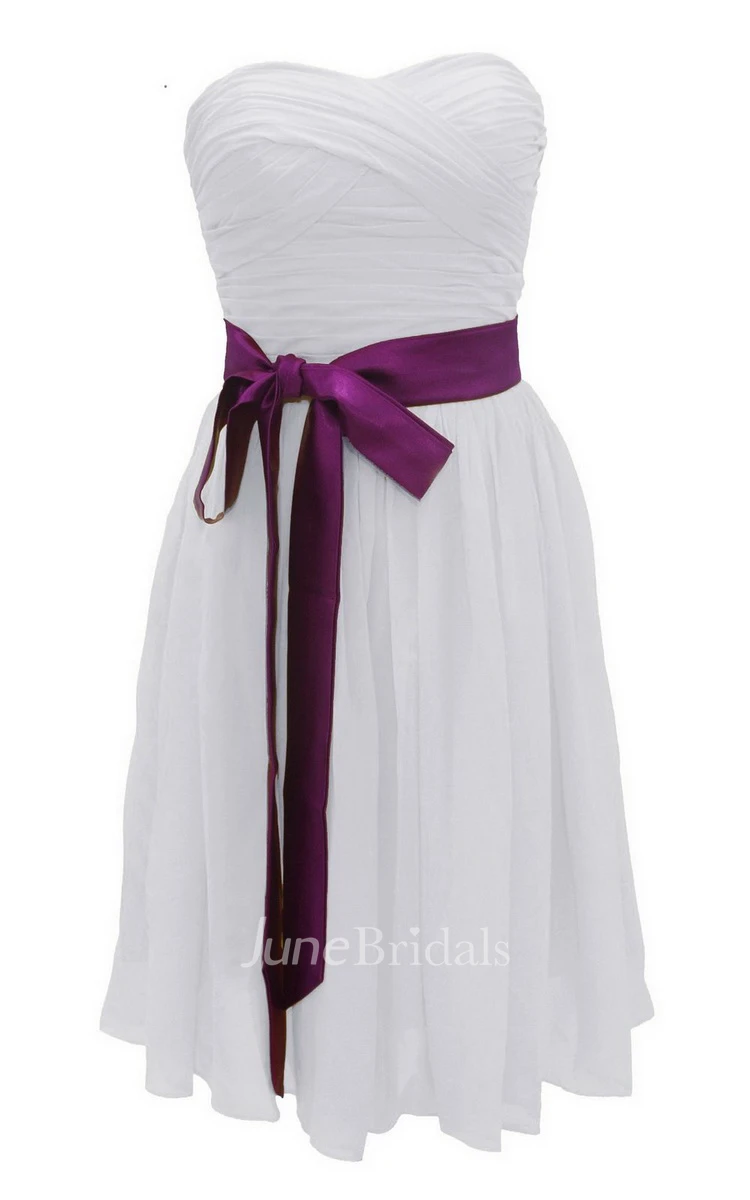 Strapless Ruched Dress WIth Satin Sash and Drapping
