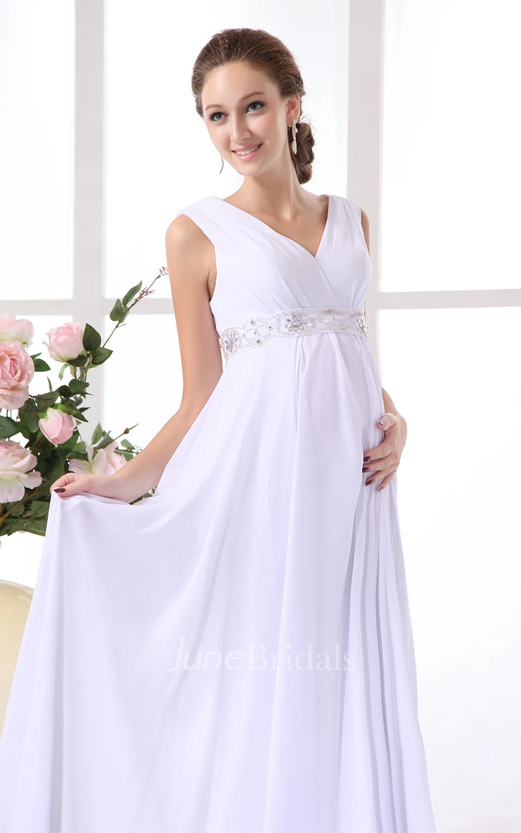 Empire Chiffon Maternity V-Neck Gown Withwaistbanded Waist