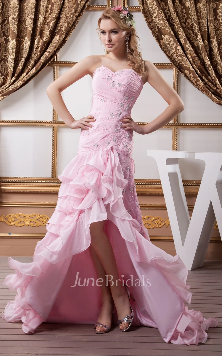 Sweetheart Criss-Cross Appliqued Dress with Tiers and Front Slit