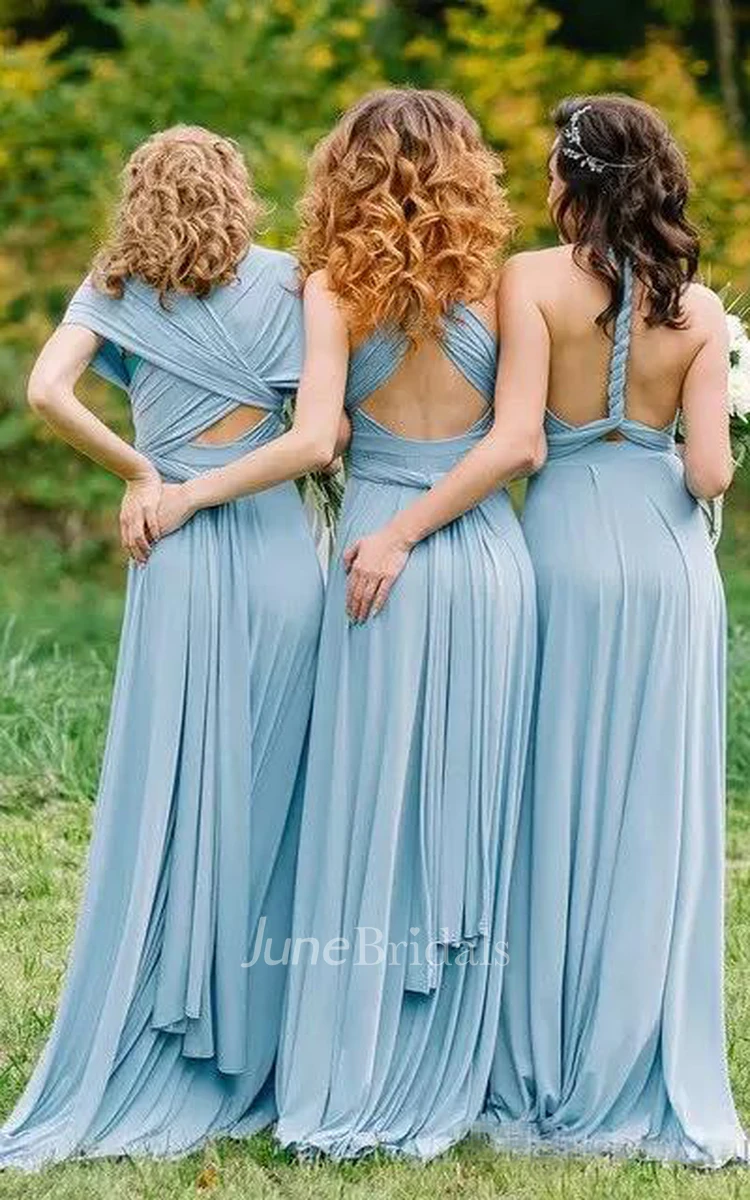 Romantic V-neck Jersey Convertible Bridesmaid Dress With Short Sleeves And Straps Back
