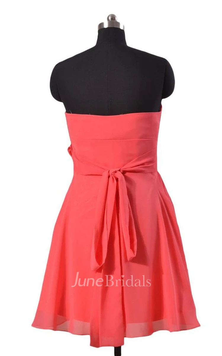 Strapless Ruched Floral Sash Knee-length Pleated Chiffon Dress