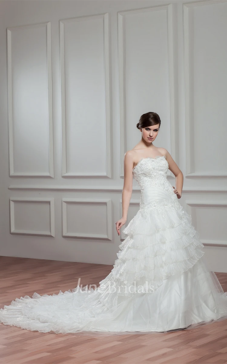 Sweetheart Tiered A-Line Gown with Appliques and Jeweled Top