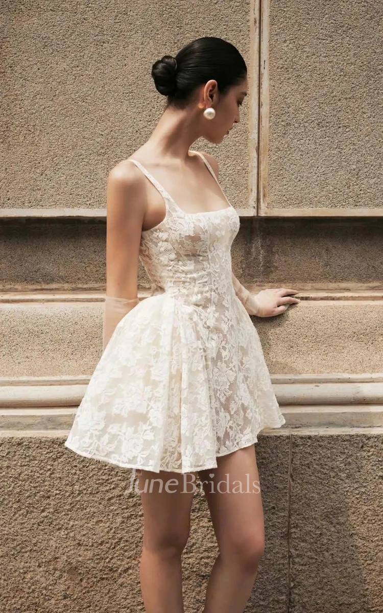 A-line Short Lace Engagement Wedding Dress Square Neck Sleeveless Mini Gown (without Veil)