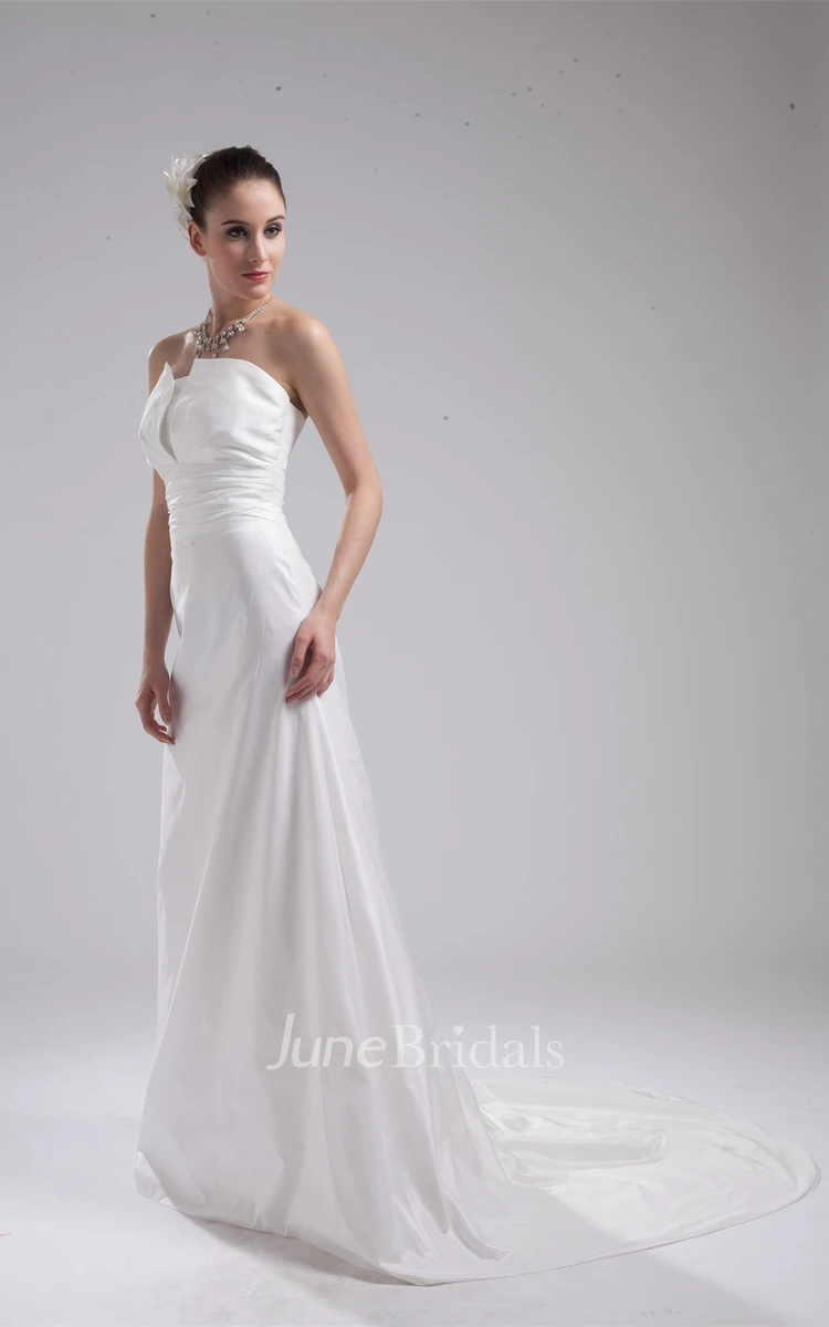 Strapless A-Line Gown with Ruched Waist and Court Train