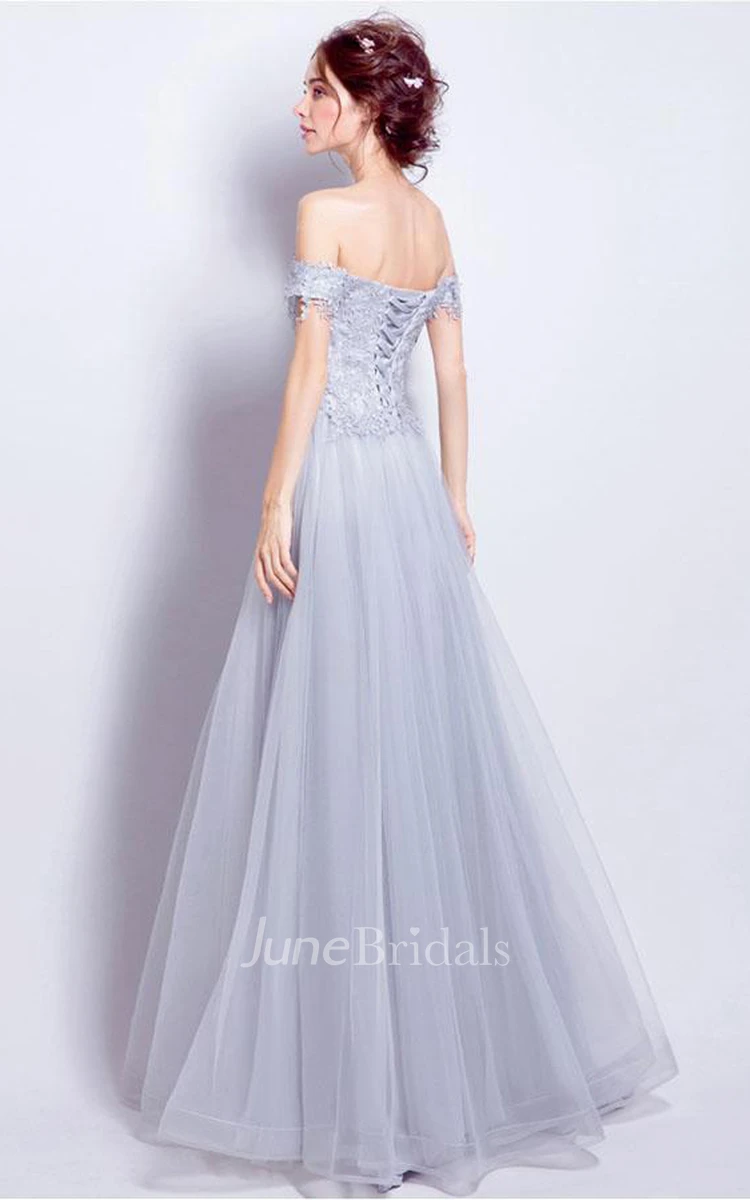 Ethereal A Line Lace Tulle Off-the-shoulder Sleeveless Prom Dress with Appliques