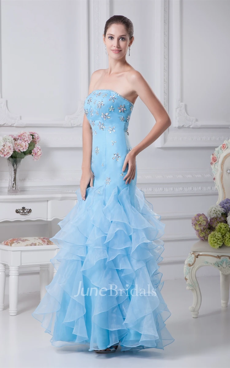 Strapless Column Maxi Dress with Rhinestone and Cascading Ruffles