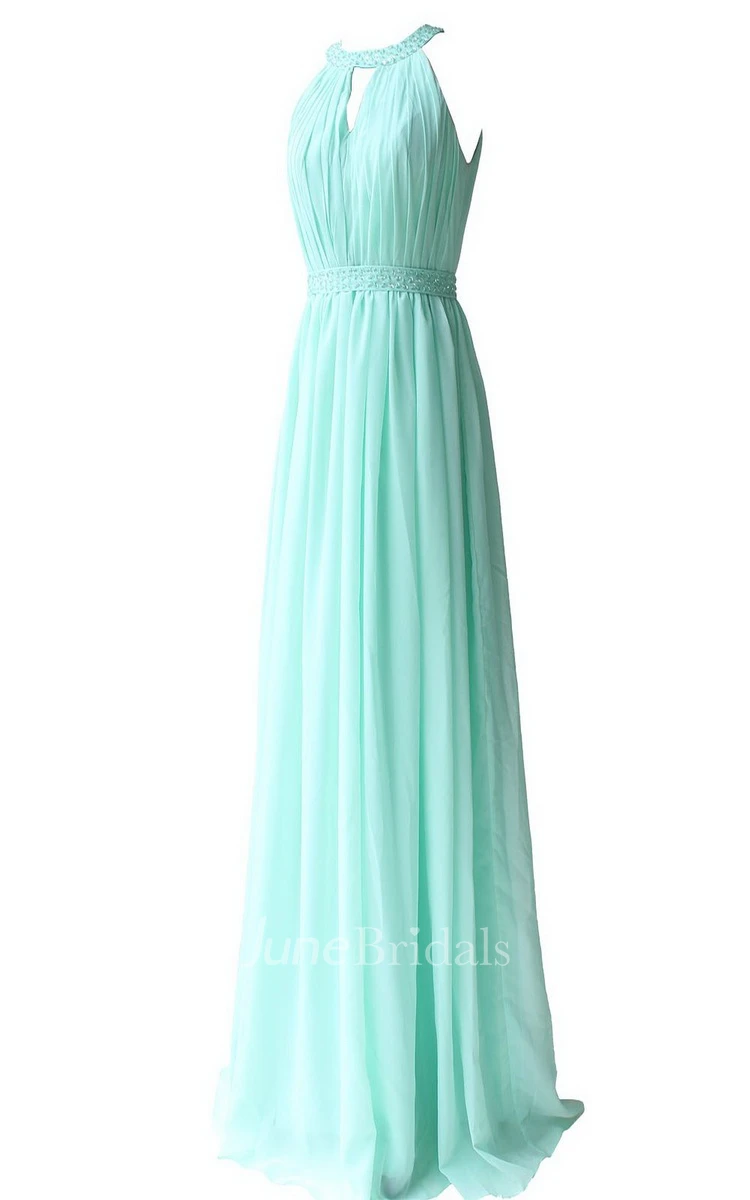 Jewel Notched Pleated Chiffon A-line Gown With Beading