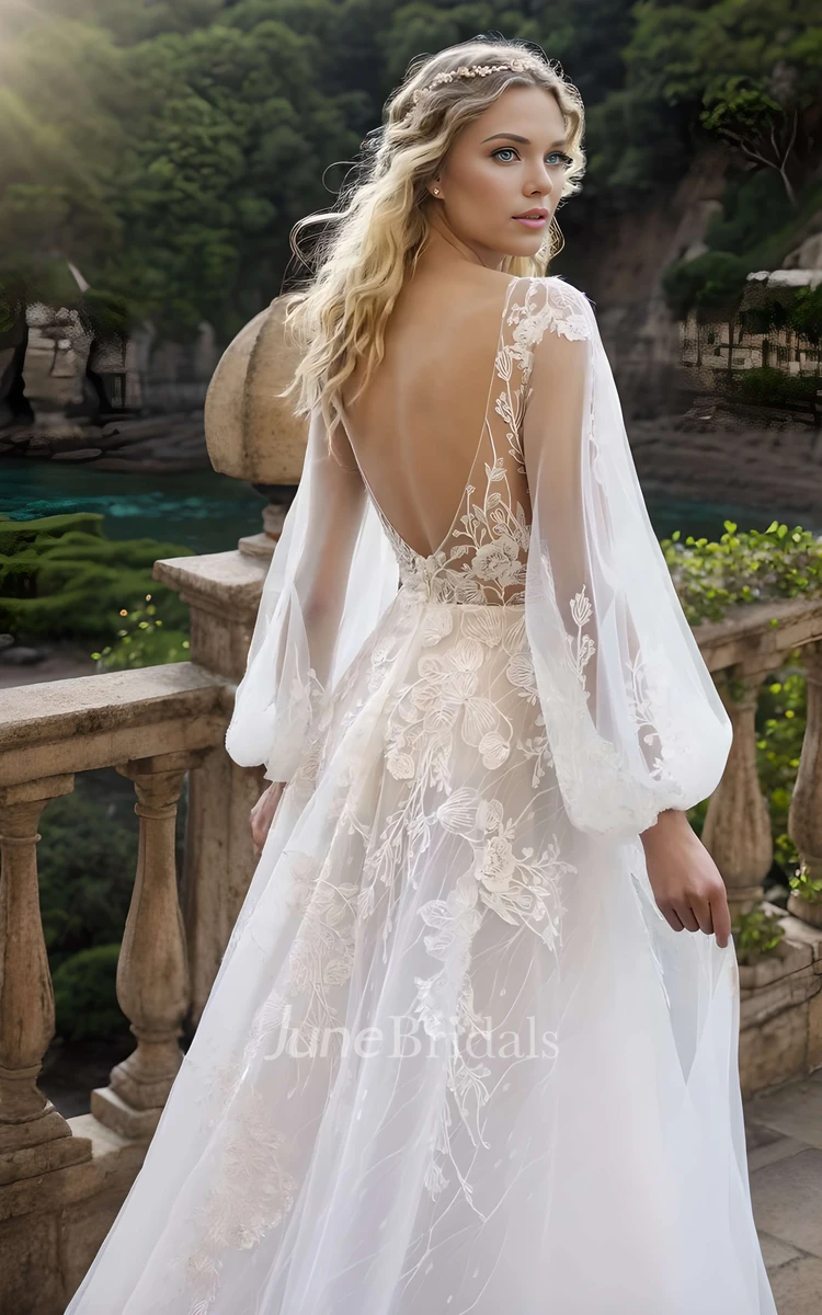 Western Floral Boho A-Line Long Sleeve Wedding Dress Elegant Flowy Beach Garden V-Neck Backless Lace Bridal Gown with Train