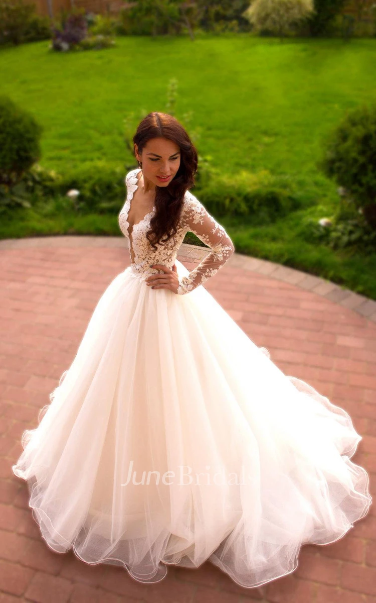 Long sleeve lace tulle wedding dress hotsell