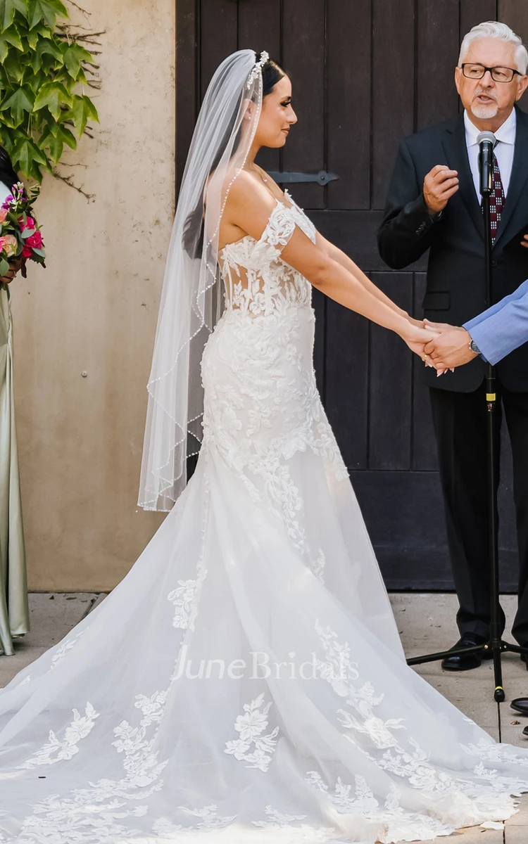 Elegant Mermaid Off-Shoulder Sweetheart Corset Back Lace Delicate Applique Wedding Dress