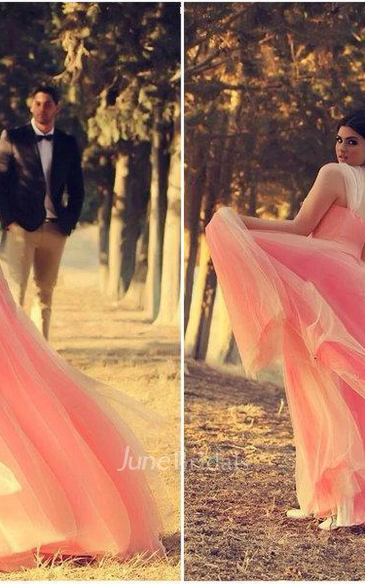Romantic Cap Sleeve Tulle Pink Evening Dress Crystals Floor-length