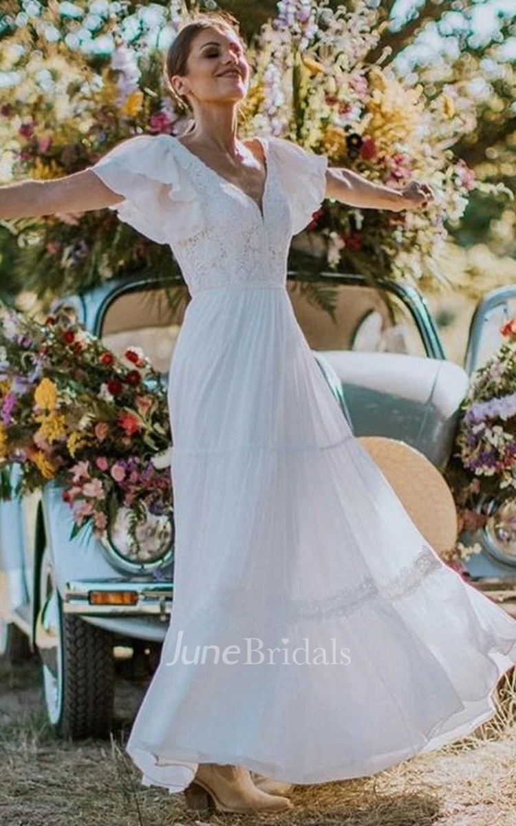 A Line V-neck Lace Floor-length Short Sleeve Wedding Dress with Ruffles
