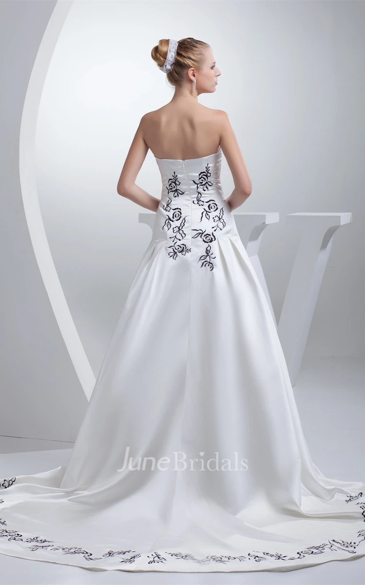 Strapless Embroidered Satin Ball Gown with Ruching and Court Train