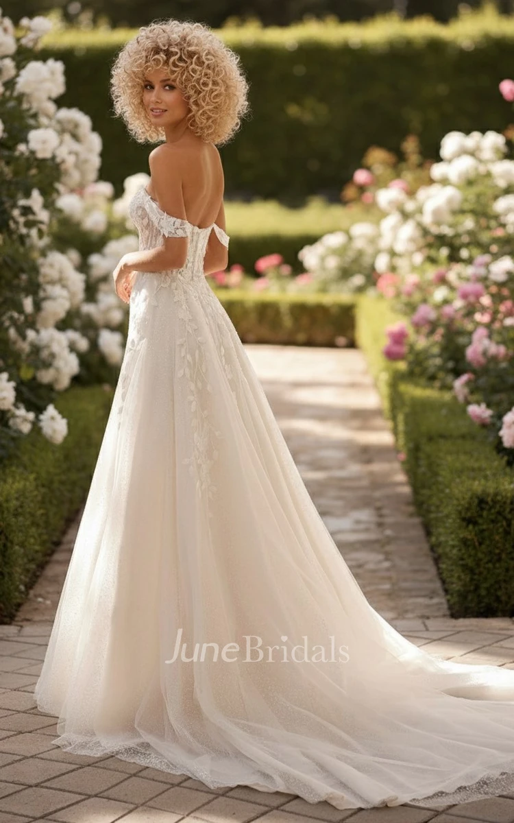 A Line Off Shoulder Lace Wedding Dress Plunging Neck Tulle Bridal Gown Court Train Elegant