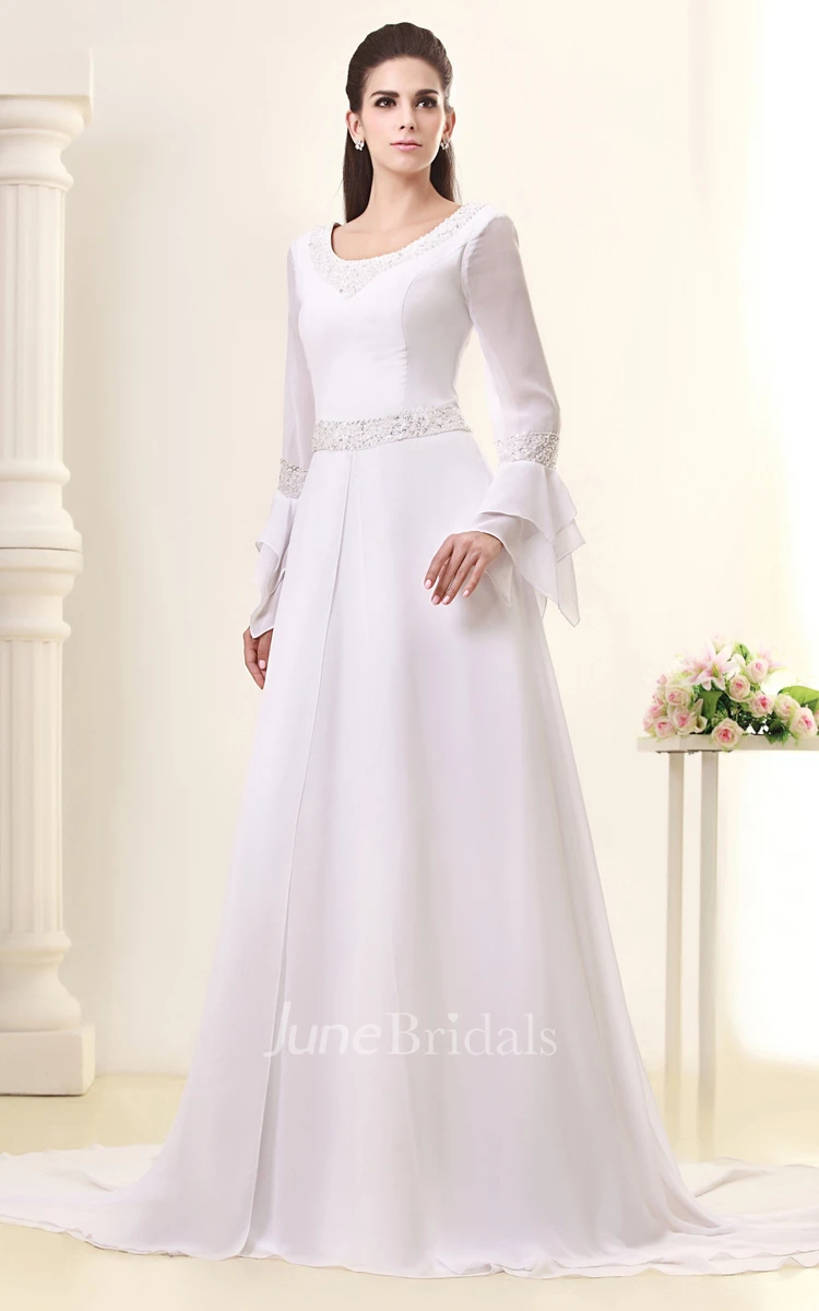 Elegant Long-Sleeve Maxi Dress With Crystal Detailing and Court Train