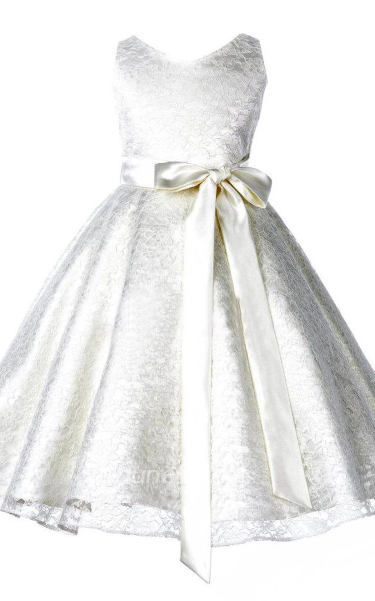 Sleeveless V-neck A-line Lace Flower Girl Dress With Bow Sash