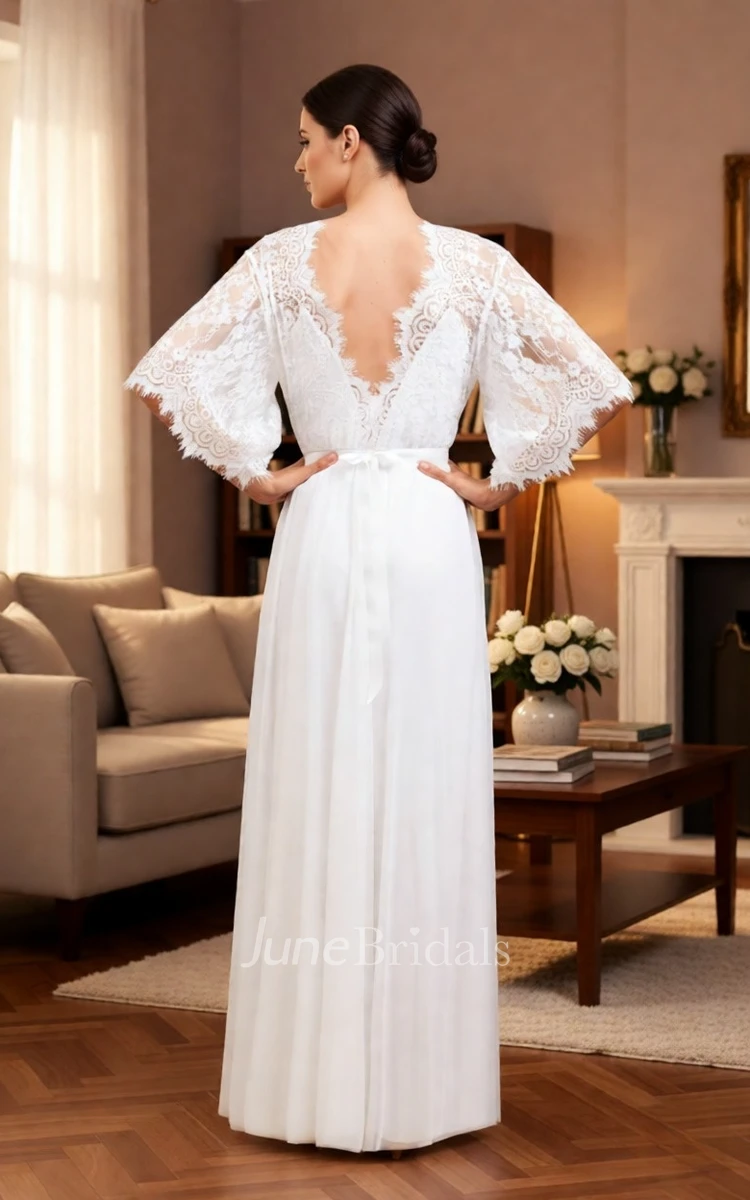 Boho Lace Wedding Dress A-Line Flutter Sleeve V-Neck Gown for Destination Weddings