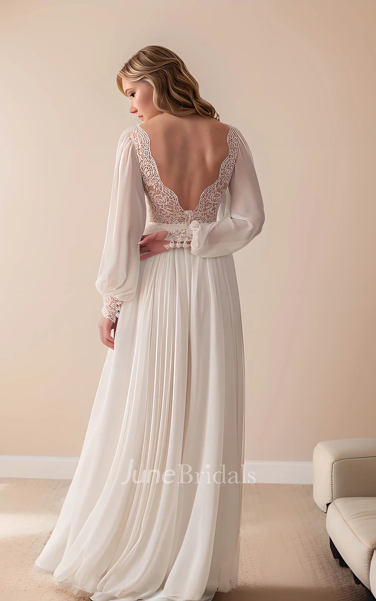 Vintage Long Sleeve Flower Lace A-Line Split Plunging Neckline Floor-length Wedding Dress