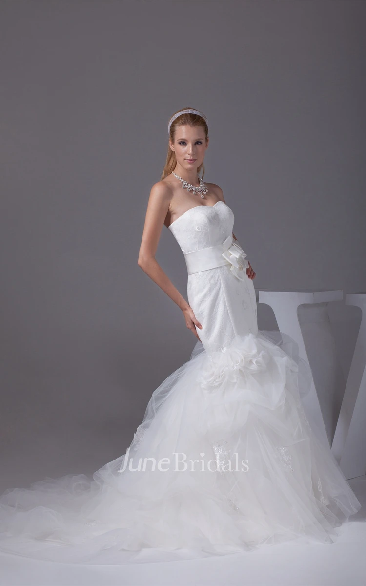 Strapless Mermaid Appliqued Dress with Bow and Tulle Overlay