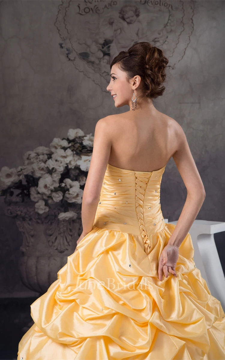 Strapless Ruched Pick-Up Ball Gown with Bow and Bolero