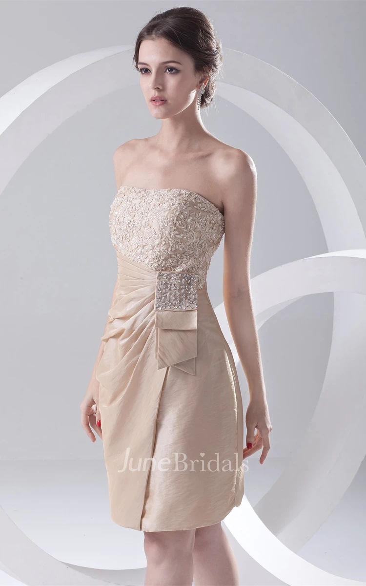 strapless mini fitted dress with side draping and appliques