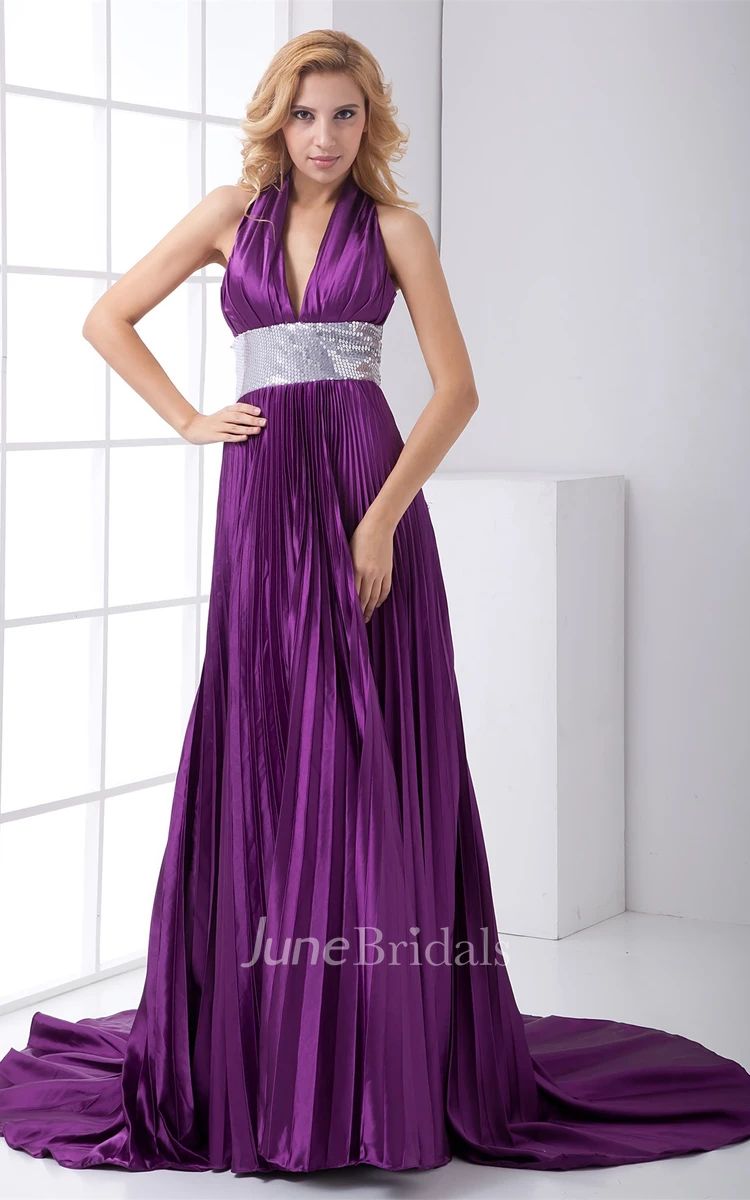plunged sleeveless floor-length pleated dress with sequined waist