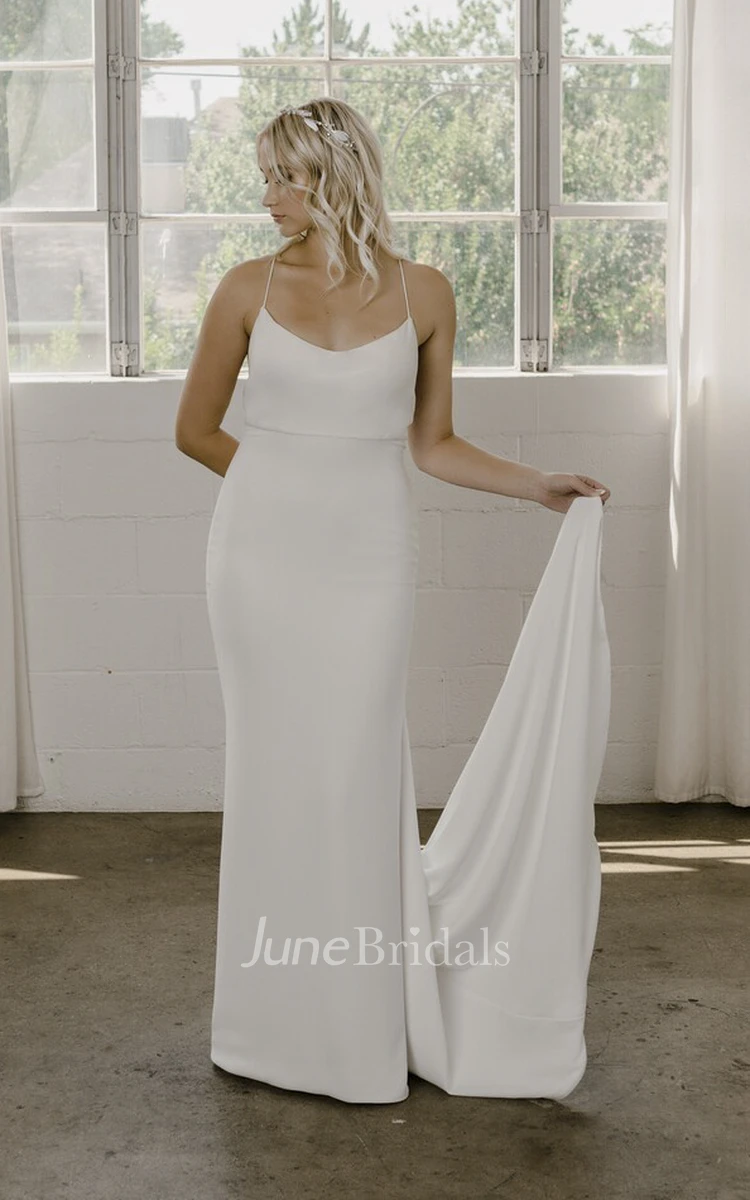 Spaghetti Straps Simple Sheath Wedding Dress In Court Train With Open Back And Straps