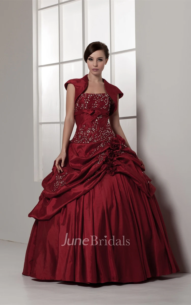 Strapless Pick-Up Ball Gown with Rhinestone and Flower