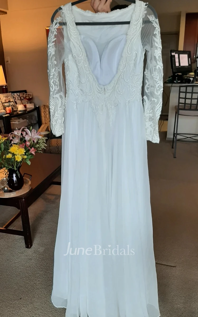 Vintage 1920s Chiffon Wedding Dress Long Sleeve Sheath Floor-length with Lace Deep-V Back