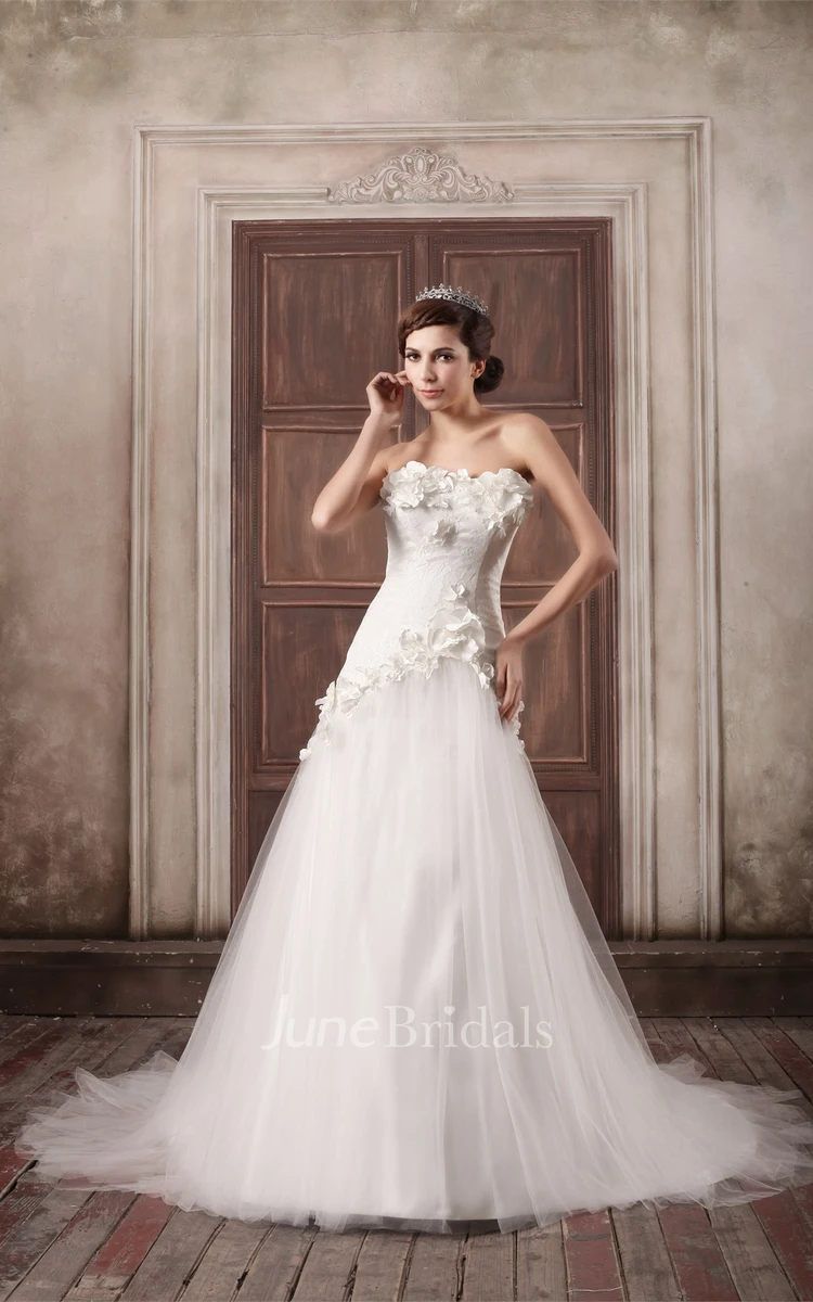 floral a-line strapless dress with tulle overlay and lace