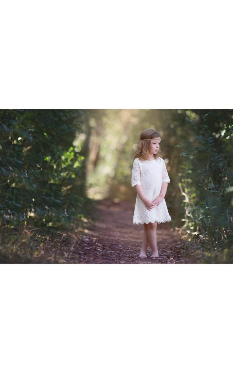 Boho 3 4 Sleeve Jewel Neck Ivory Lace Rustic Girl Dress