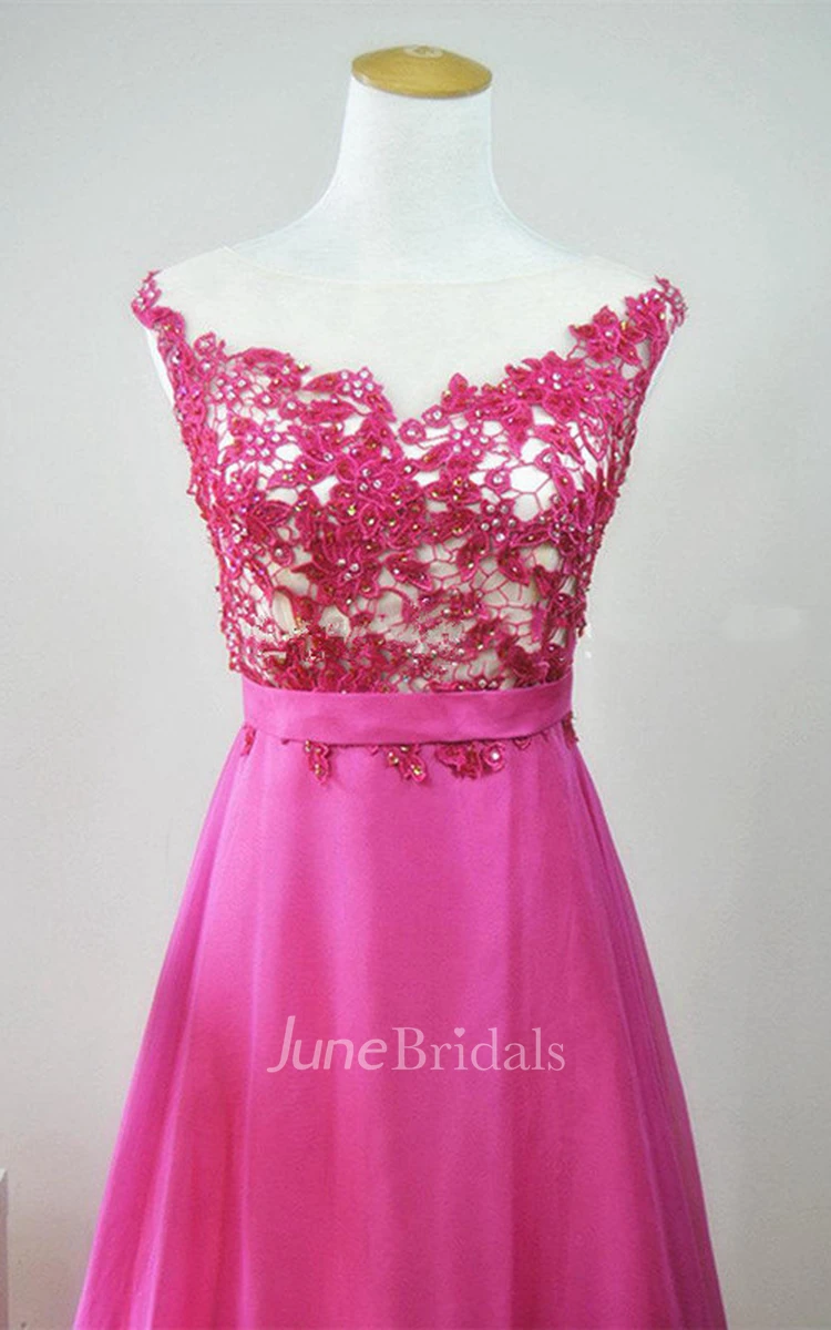 A-line Sweep Train Chiffon Dress With Lace Bodice And Low-V Back