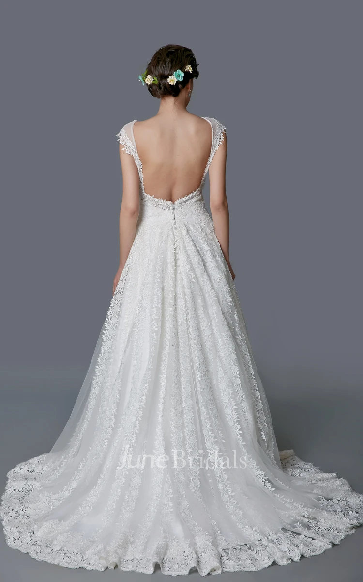 Enchanting Cap Sleeve A-line Lace Gown With Sexy Back