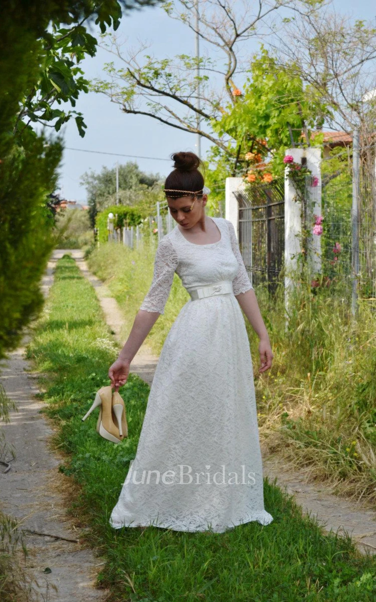Scoop Neck A-Line Long Lace Wedding Dress With Sash And Illusion Sleeve