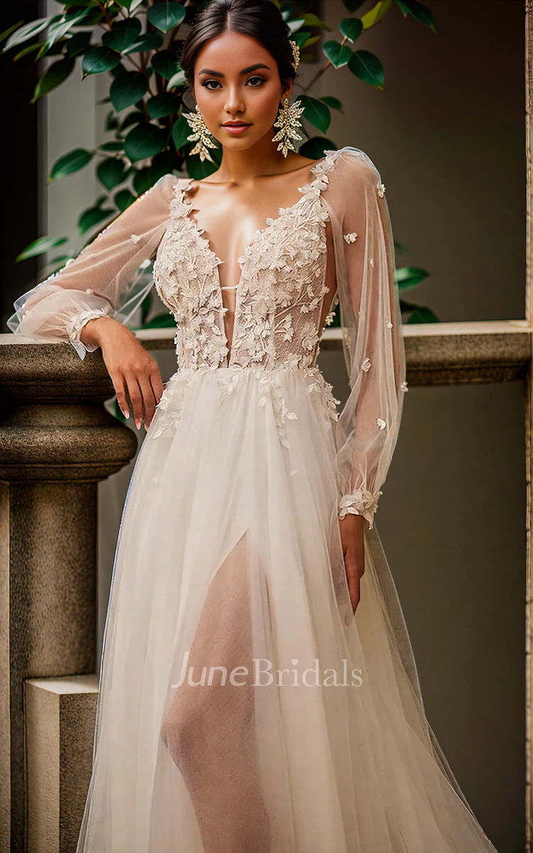 Romantic Ethereal Plunging Neckline Floor-length A-Line Lace Appliques Tulle Wedding Dress Sexy Elegant Spaghetti Long Sleeve Split Front Deep-V Back Bridal Gown