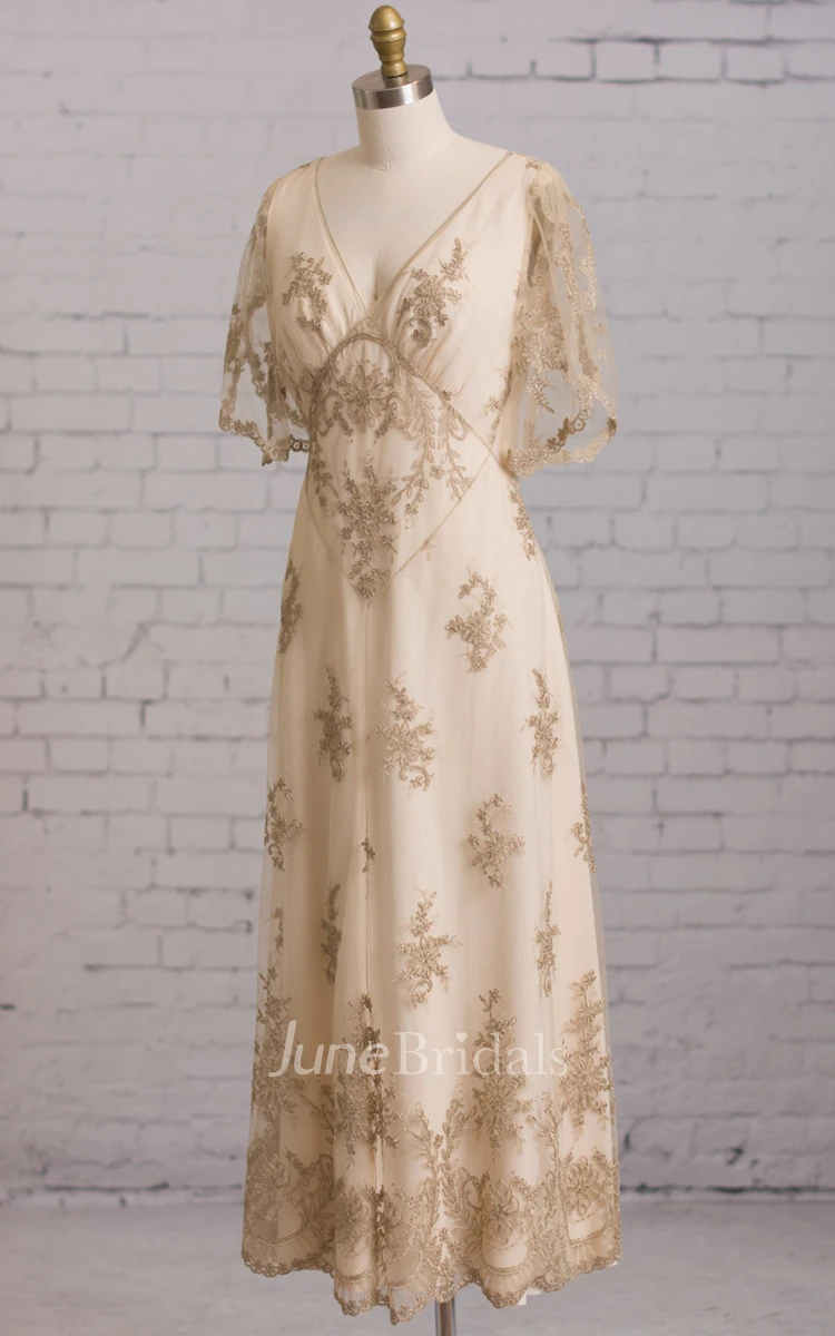 Vintage Modest A-Line Boho Lace Butterfly Short Sleeve Wedding Dress Mature Elegant Ethereal Illusion Empire Waist Embroidery Gown