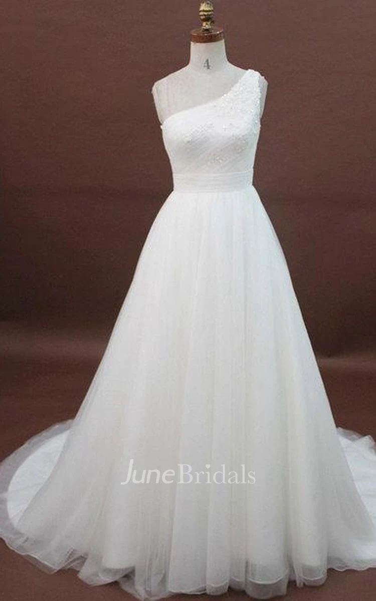 A-Line One-Shoulder Tulle Organza Satin Dress With Beading Appliques