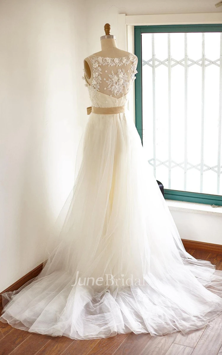 Lace Tulle Wedding Bridal Gown With Champagne Lining Dress