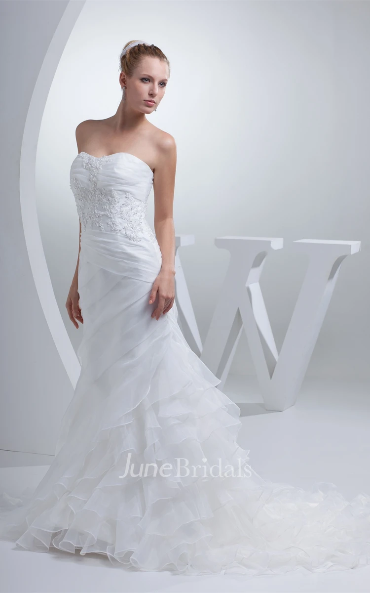 Strapless Appliqued Column Dress with Tiers and Appliques