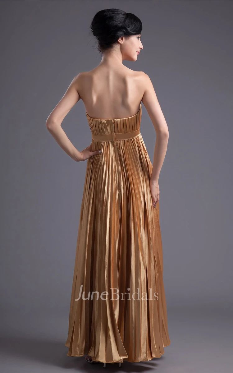 Strapless Pleated Ankle-Length Dress with Broach