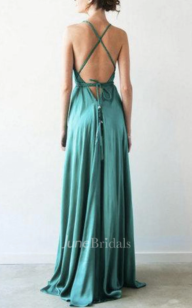 V-Neck Sleeveless Long Pleated Dress With Straps