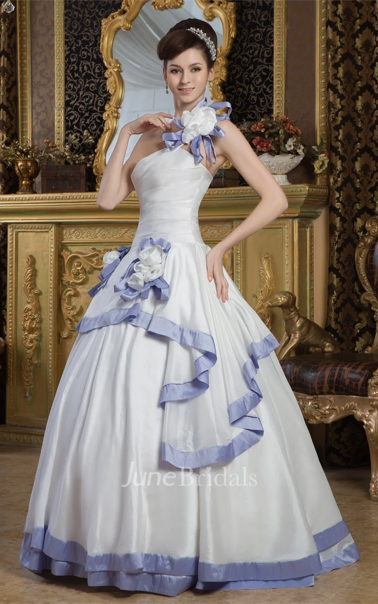 One-Shoulder Criss-Cross Ball Gown with Flower and Draping