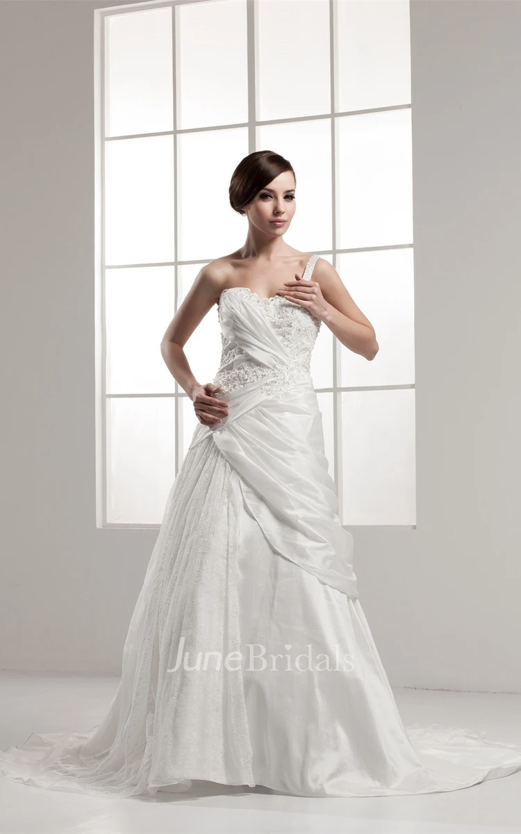 Sleeveless Lace A-Line Gown with Draping and Single Strap