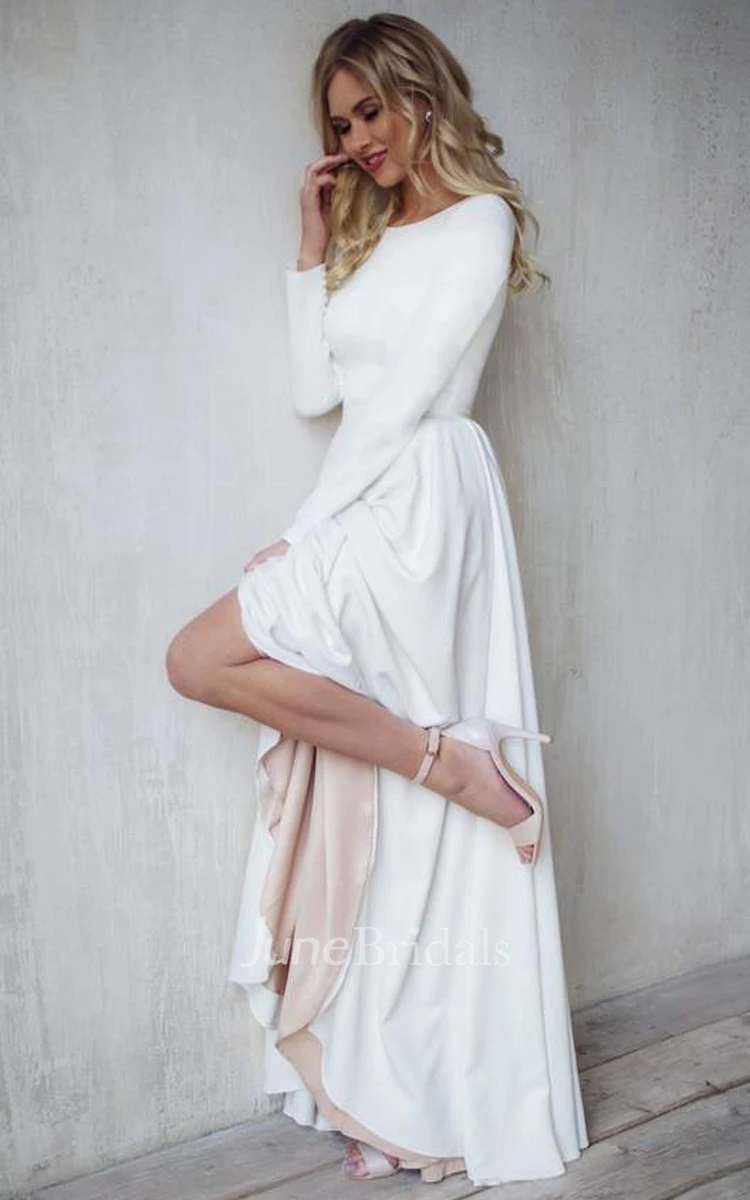 Modest Simple Casual A Line High-Low Satin Bateau Long Sleeve Wedding Dress